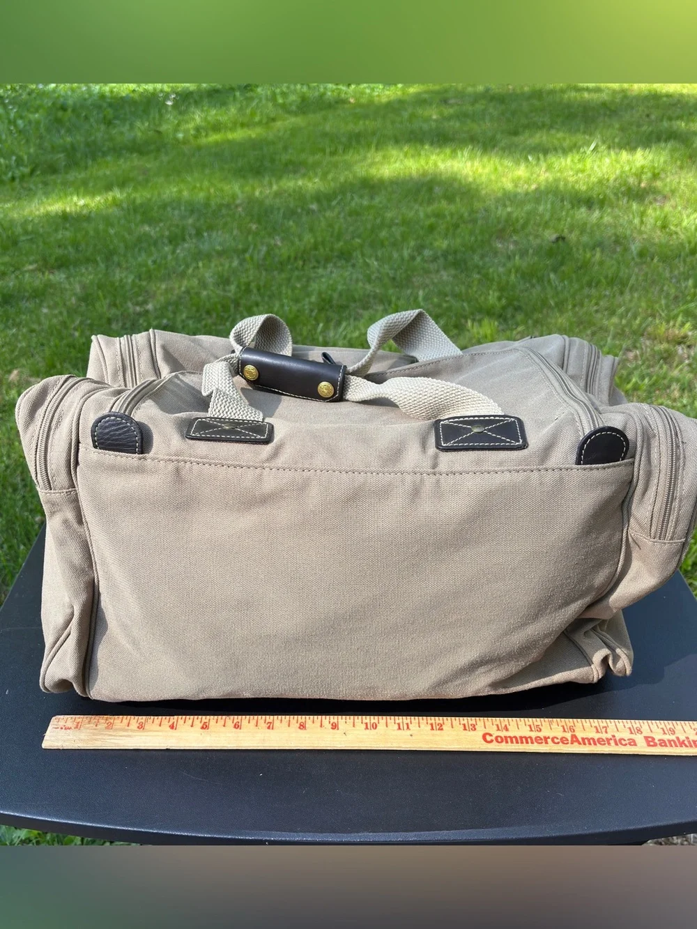 VTG Eddie Bauer Ford Mulholland Brothers Duffel Bag Tan Canvas Leather